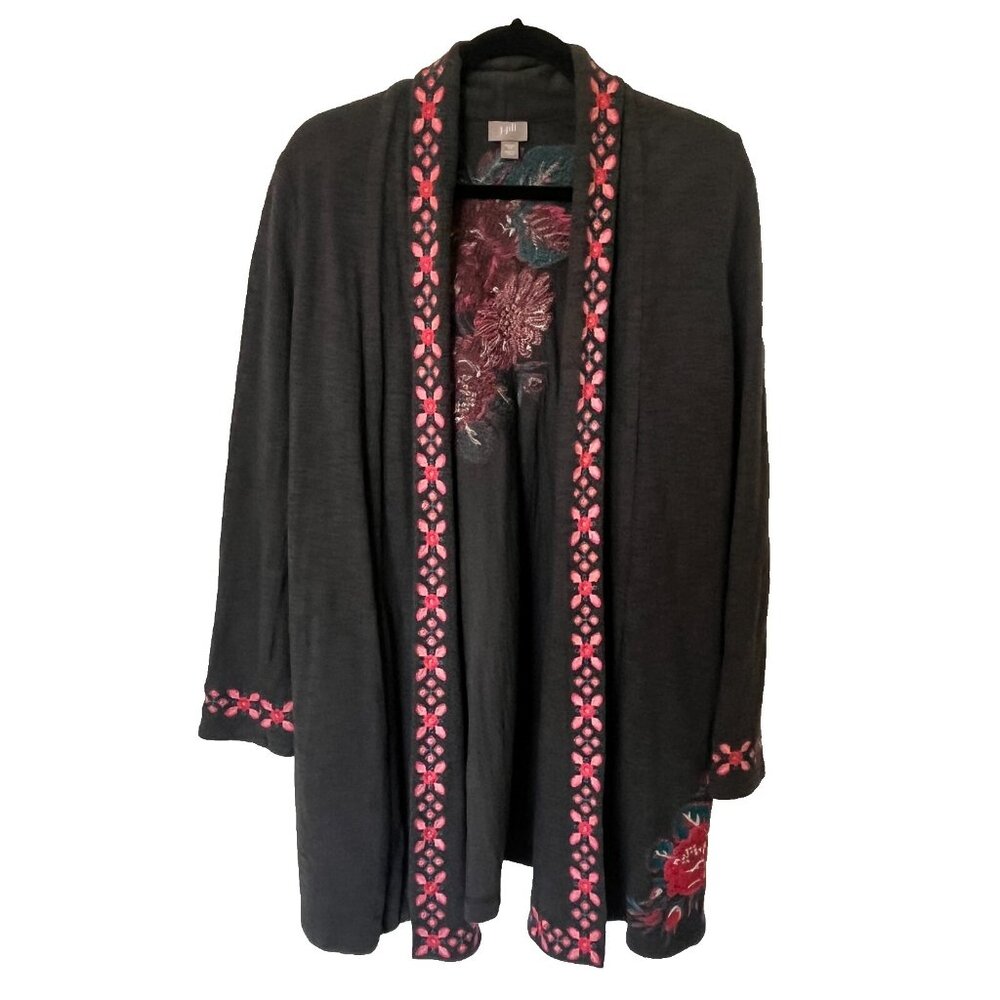 J. Jill XS Charcoal Floral Embroidered Boho Duster Cardigan